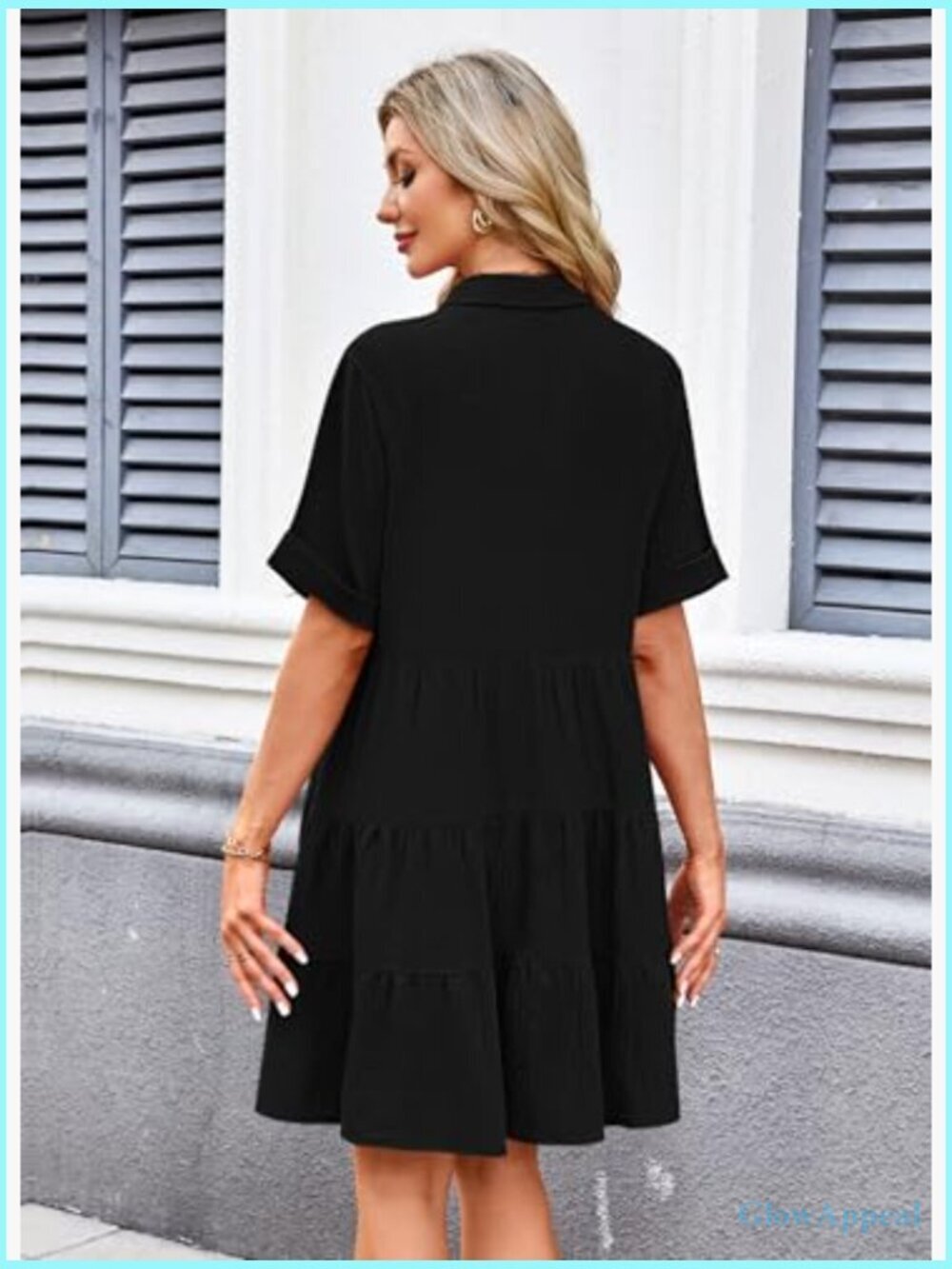 Women's Babydoll Dress Short Sleeve Button Down Sundress with Pockets - Picture 4 of 7